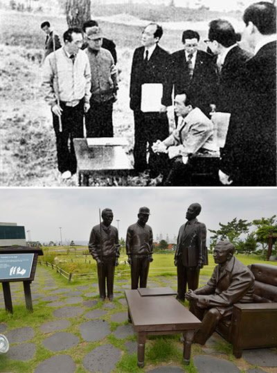 1975년 4월 17일 오도리 사방공사 현장에서 박정희 대통령이 김수학 경북지사, 박상현 경상북도 산림국장, 조성완 사방사업소장의 브리핑을 받고 있다. 아래는 그때 브리핑 현장을 디오리마로 재현한 모습.